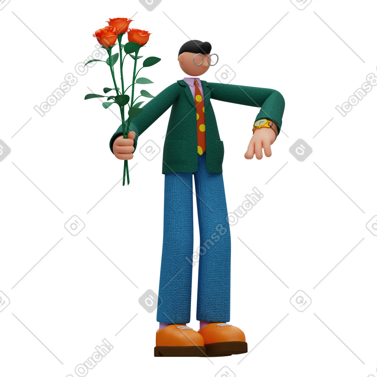 3D Rondi スタイルの Man with flowers waiting のアニメーションイラストをGIF、Lottie (JSON)、AEでダウンロード