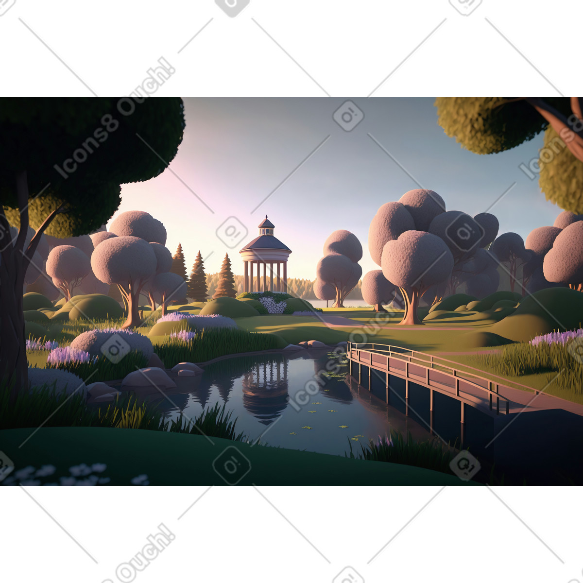 3D cartoon spring city park with lake illustration in PNG, SVG