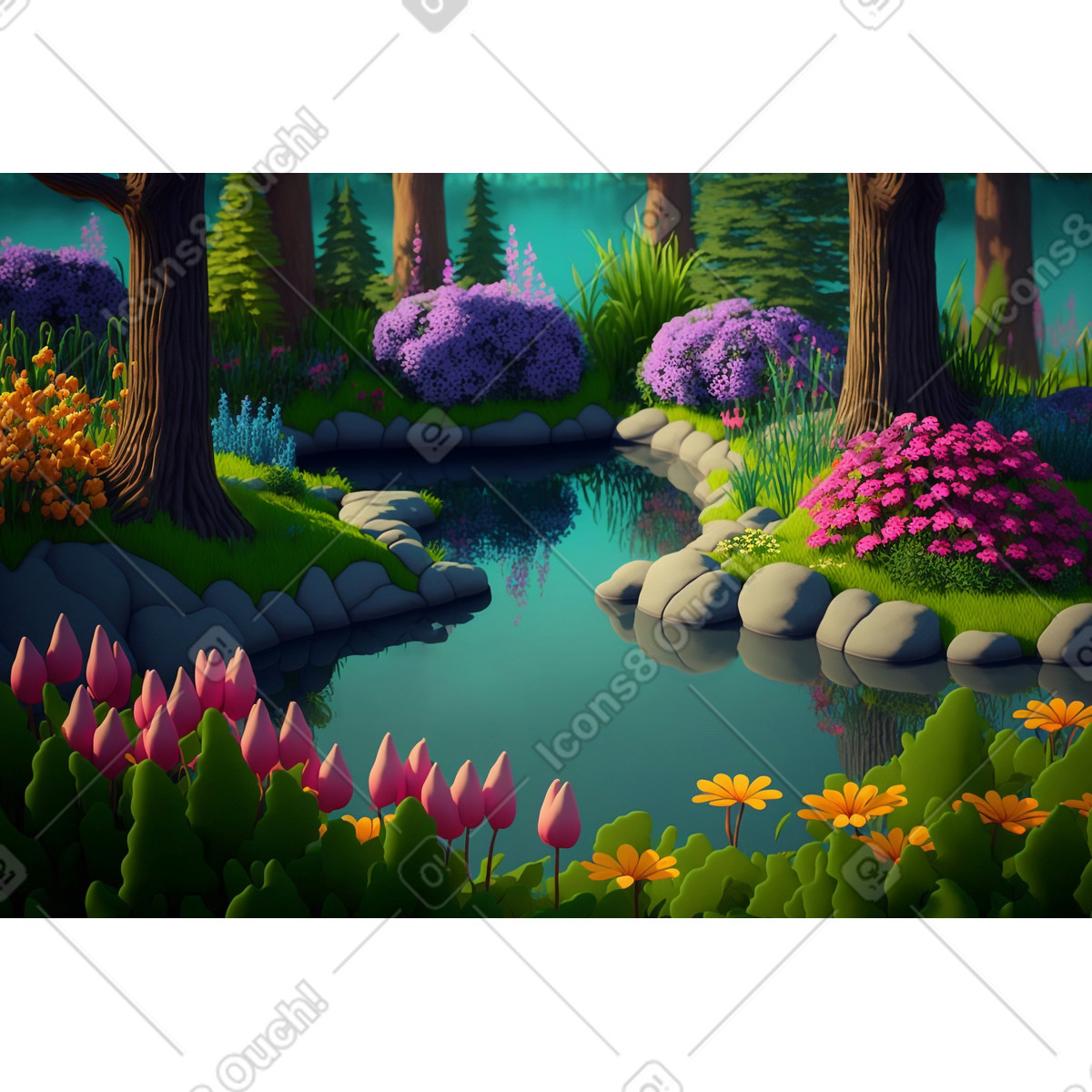3D fantasy lake background illustration in Experimental style download in PNG, SVG