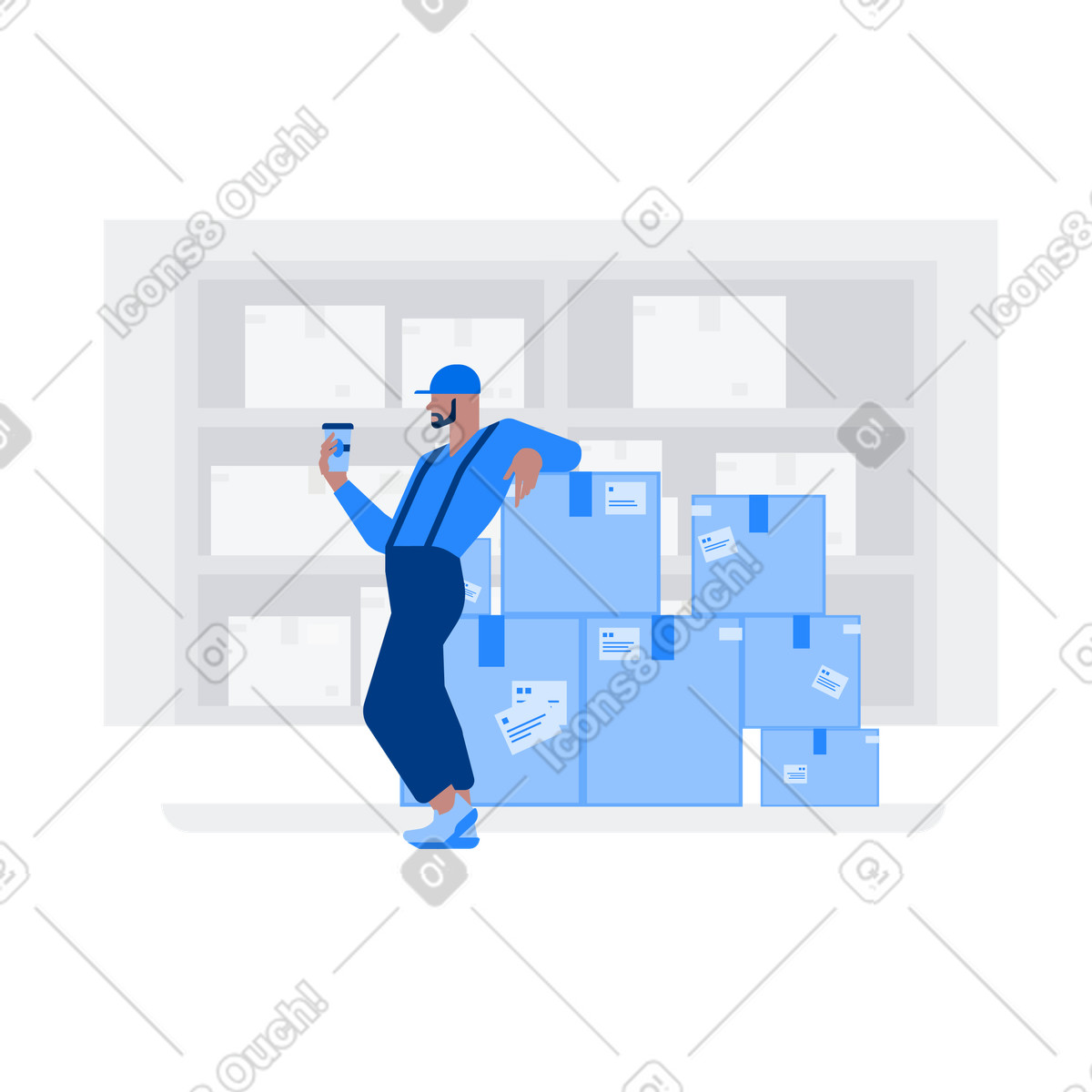 Delivery man with cardboard boxes completing the order illustration in Urban style download in PNG, SVG