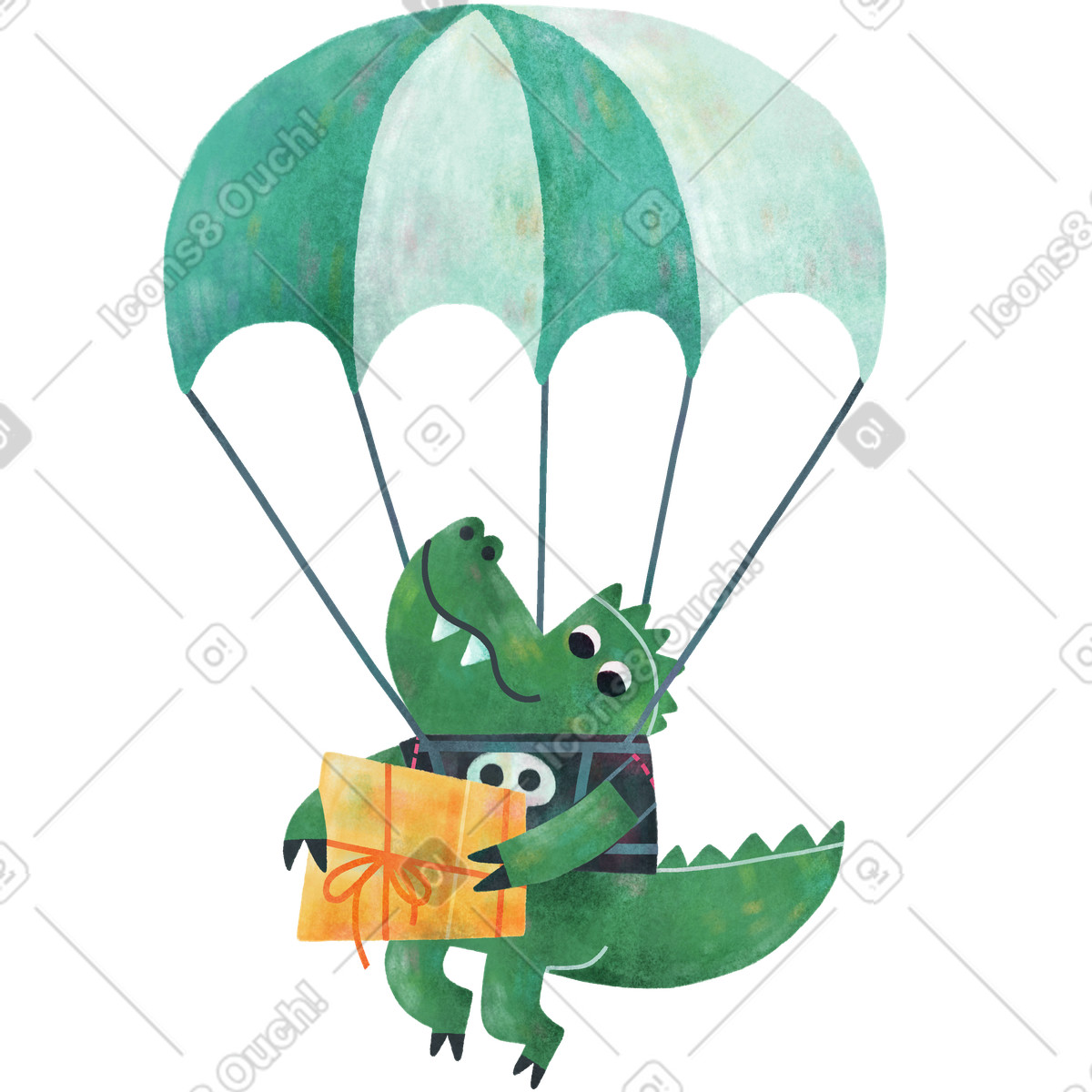 Alligator mit karton und fallschirm, der waren liefert-Illustration im Jungle-Stil als Download in PNG, SVG