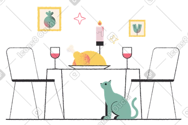 Thanksgiving dinner table with a cat sitting under it PNG, SVG