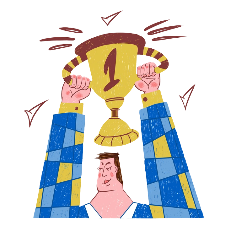A man holding a trophy above his head - Sleepy style illustration