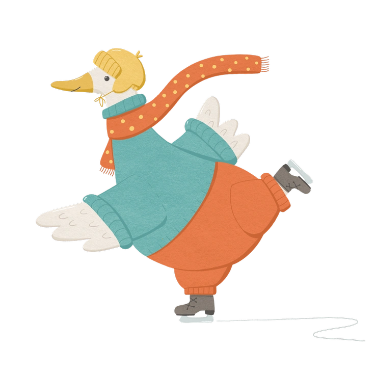A goose ice skating in a colorful sweater - Goose style illustration