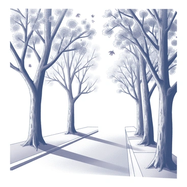 A street lined with tall, old trees, their branches extending overhead. The ground is covered with a carpet of fallen leaves, and additional leaves are swirling in the air, caught in a gentle breeze. The trees have thick trunks with textured bark, and their leaves show distinct shapes, adding to the scene's detail. The street is empty, creating a tranquil atmosphere. The light filters through the leaves, creating dappled shadows on the ground.