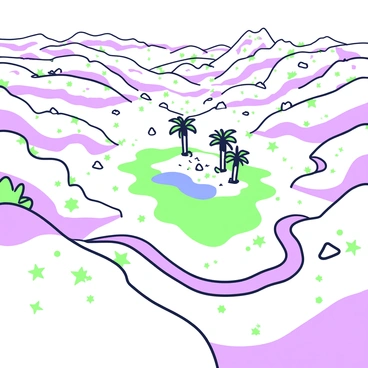 An aerial view shows a vast desert landscape characterized by rolling dunes and rocky outcrops. The sandy terrain is marked with winding paths that snake through the rugged environment, leading towards a hidden oasis in the distance. The oasis features a cluster of palm trees surrounding a shimmering body of water, which contrasts with the arid surroundings. The sunlight casts shadows over the dunes, emphasizing the textures and patterns of the desert floor. In the background, the horizon is lined with more dunes, creating a sense of depth and scale in this expansive landscape.