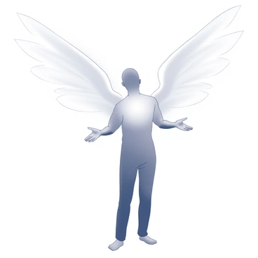 A person is standing with their arms slightly outstretched. Surrounding them is a protective spirit, depicted as a wispy figure forming from an ethereal mist. The spirit has large, delicate wings that appear to be composed of shimmering light. These wings extend behind the person, enveloping them in a gentle embrace. The atmosphere conveys a sense of tranquility and safety as the spirit radiates an aura of protection around the individual.