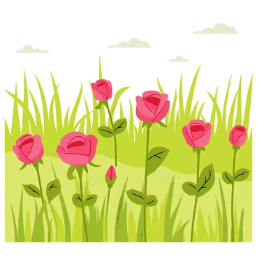 A neglected garden filled with overgrown grass and weeds. In the foreground, several vibrant red roses with lush green leaves are blooming, showcasing their full, open petals. The roses stand out against the dull backdrop of the garden, illustrating their resilience. Sunlight filters through scattered clouds, casting gentle light on the flowers and highlighting their colors.