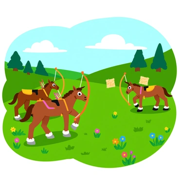 A group of centaurs with strong, muscular bodies and horse-like lower halves is practicing archery in a sun-dappled meadow. Each centaur has a quiver full of arrows slung across their back, and they are focused on hitting targets made of straw in the distance. The meadow is alive with vibrant wildflowers of various colors, and the sunlight filters through the leaves of nearby trees, casting playful shadows on the grassy ground. In the background, a gentle slope rises, dotted with more trees, enhancing the sense of a peaceful outdoor setting.