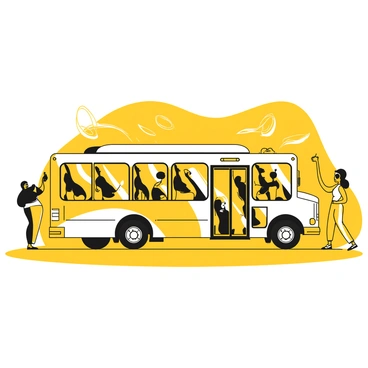 A bus with a large, white body is parked, prominently featuring various colorful banners adorning its sides. The banners display festive designs, including geometric patterns and abstract shapes. The bus has large windows reflecting the surroundings. Surrounding the bus, there are people in the background, some boarding while others are chatting. The ground is paved, with a small crowd gathering in anticipation of the shuttle service.