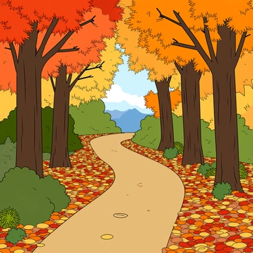 A winding hiking trail covered with a carpet of vibrant autumn leaves in various shades of orange, red, and yellow. Tall trees with thick trunks line the path, their branches extending overhead, creating a natural archway of colorful foliage. Sunlight filters through the leaves, casting dappled shadows on the ground. On either side of the trail, small bushes and ferns add hints of green, while a distant mountain can be seen peeking through the trees. The trail itself is narrow, with a slightly uneven surface, showcasing the beauty of the temperate forest in autumn.