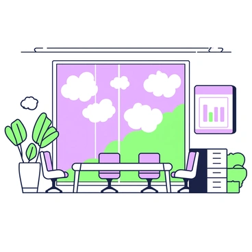 A conference room features a large glass ceiling, through which fluffy clouds are visible. The room is furnished with a rectangular table at the center surrounded by ergonomic chairs. Along the walls, there are modern cabinets and a large screen displaying a presentation. A potted plant sits in one corner, adding a touch of greenery to the space. Sunlight filters through the glass ceiling, creating reflections on the polished floor.