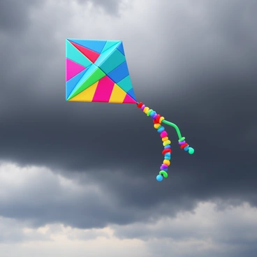 A colorful kite with vibrant patterns is soaring high in the air. The kite's tail flutters wildly, caught in the grip of strong winds. Dark, stormy clouds fill the sky, creating a dramatic backdrop. The kite is angled steeply as it fights against the gusts, showcasing its bright colors contrasting with the gray sky.