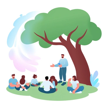 An informal lecture is taking place under a large, sprawling tree with thick, green leaves providing shade. A group of students is seated on the grass in a relaxed manner, some with notebooks open, while others are attentively listening. The lecturer is standing beside the tree, gesturing with one hand and holding a book in the other. Sunlight filters through the leaves, creating dappled patterns on the ground around them. A few students are leaning back on their hands, and others are sitting cross-legged, engaged in the discussion. A calm atmosphere surrounds the scene, emphasizing the connection between nature and learning.