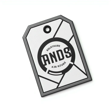A clothing label tag in a rectangular shape, made of high-quality textured fabric. The tag features a prominent brand logo in the center, elegantly designed with bold typography. Surrounding the logo is a unique pattern that incorporates geometric shapes and lines in a monochrome color scheme. The tag has a small hole at the top for attaching it to clothing with a string. The edges of the tag are neatly finished, giving it a polished look.