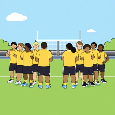 A diverse sports team consisting of both male and female athletes is gathered on a vibrant green field. The players are wearing matching bright yellow jerseys and black shorts. They are all in a line, standing side by side, performing arm circles as part of their warm-up routine. Each athlete has a focused expression, with some smiling while others concentrate on their movements. The sky above is blue with a few fluffy white clouds. In the background, there are goalposts and a track surrounding the field, adding to the athletic atmosphere.
