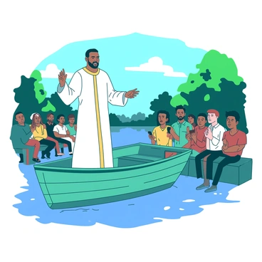 A preacher delivering a sermon aboard a gently rocking boat on a calm lake