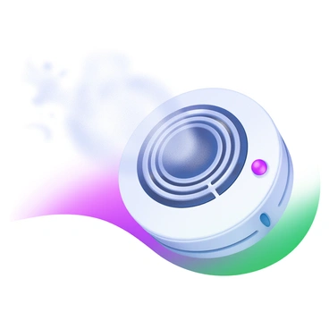 A close-up view of a smoke detector's sensor, showing intricate details of the sensor itself. The sensor is surrounded by a fine mist of smoke particles, which are visibly swirling in the air. Soft lighting highlights the texture of the particles, creating a contrast against the sleek, white body of the smoke detector. The detector features a small red LED light that is illuminated, indicating it is actively detecting smoke.