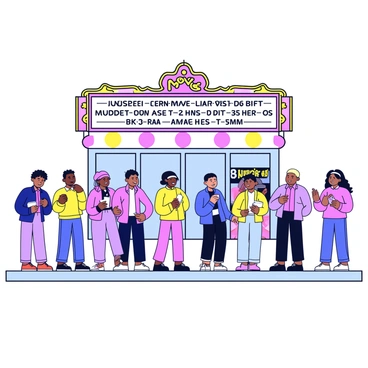 A diverse group of people lined up outside a movie theater. The line consists of individuals of various ages, including children, teenagers, and adults. Some people are holding snacks, while others are looking at their phones. The movie theater has a large marquee displaying the title of the movie and showtimes in bright letters. A couple near the front of the line is chatting excitedly. The entrance to the theater features glass doors, and a poster of the current blockbuster movie is displayed prominently on the wall.