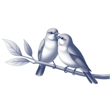 Two lovebirds are perched closely together on a slender branch. Their bodies are nestled against each other, showcasing their bond. The branch is textured with rough bark and delicate leaves that provide a natural backdrop. The lovebirds feature intricate details in their feathers, highlighting their small size and gentle expressions. Soft shadows cast by the leaves create a sense of depth around them, emphasizing their intimate presence on the branch.