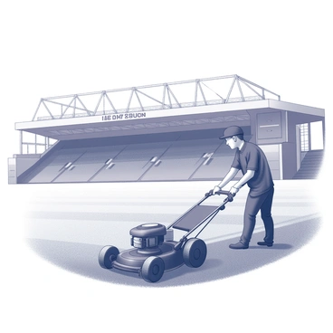 A groundskeeper is working diligently on a football pitch at Old Trafford. He is using a large lawn mower, carefully cutting the grass to an even length. The pitch is lush and well-maintained, showing signs of meticulous care. In the background, the iconic stadium structure looms, featuring its grandeur and characteristic architecture. The groundskeeper is wearing a dark uniform, and he is focused on his task, demonstrating precision and professionalism in the upkeep of the field.