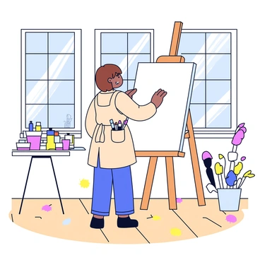 An artist adjusting a canvas on an easel in a sunlit studio
