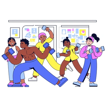 A diverse group of individuals from different cultures is engaged in performing hammer curls. In the foreground, a muscular man of African descent with short hair lifts a dumbbell in each hand, showcasing his defined biceps. Next to him, an Asian woman with long hair tied back is also performing the exercise, wearing a vibrant sports outfit. To the left, a Hispanic man with a tattoo on his arm is in mid-curl, demonstrating focus and strength. Nearby, a Middle-Eastern woman in a headscarf is lifting weights with determination, her outfit reflecting traditional patterns. The background features a bright and open gym space with motivational posters on the walls.