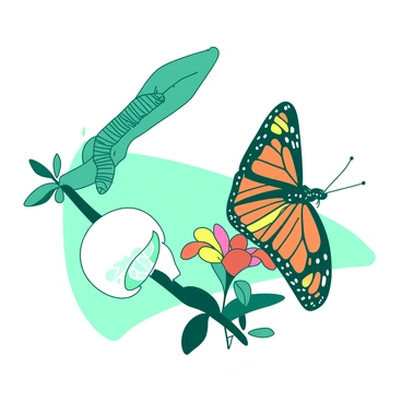 A detailed illustration of the stages of a monarch butterfly's lifecycle. At the top left, a small teal caterpillar with distinct black and yellow stripes is munching on a green leaf. Below it, there is a round white chrysalis attached to a branch, with a slight opalescent sheen reflecting the light. On the right side, a vibrant orange and black monarch butterfly is perched gracefully on a colorful flower, with its wings fully spread open. The background is a soft blend of teal and white, enhancing the visual representation of the lifecycle stages.