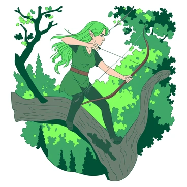 An elven archer with pointed ears and long flowing hair is poised gracefully on a sturdy tree branch. The archer is wearing a fitted green tunic that blends with the foliage, enhancing their stealth. They hold a beautifully crafted bow, drawn back with an arrow ready, showcasing their focus and skill. The forest below is dense with vibrant trees, and dappled sunlight filters through the leaves, creating patches of light and shadow on the forest floor. The archer's keen eyes scan the surroundings, ensuring they remain alert to any movement below.