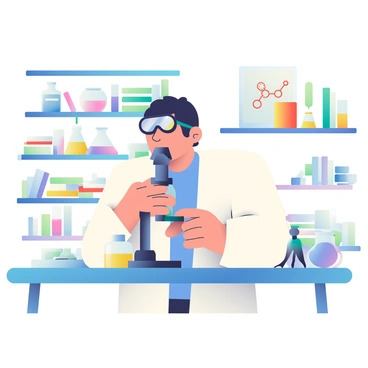 A scientist with light skin and short black hair is standing at a laboratory bench, peering through a microscope. The scientist is wearing a white lab coat over a blue shirt and has safety goggles resting on their forehead. On the bench, there are several petri dishes and beakers filled with colorful liquids. The laboratory is bright and filled with various scientific equipment, including a centrifuge and a molecular model display. The walls are adorned with shelves containing books and lab supplies, contributing to the busy atmosphere of the lab.