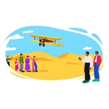 A depiction of the Wright brothers' first flight at Kitty Hawk with spectators