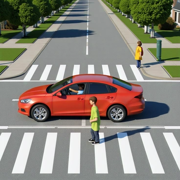 A driver in a red sedan is slowing down and yielding to pedestrians at a crosswalk. The driver has short brown hair and is wearing a blue shirt. The crosswalk is marked with white stripes on a quiet street lined with trees and residential houses in the background. Two pedestrians, a woman wearing a yellow dress and a man in a green t-shirt, are walking across the crosswalk. The sun is shining brightly, casting soft shadows on the pavement. The scene captures a moment of care and caution in a community setting.