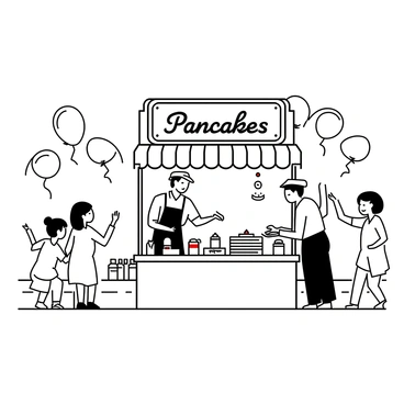 A small pancake kiosk with a striped awning is nestled in a bustling fairground. The kiosk has a wooden sign above its counter that reads "Pancakes" in decorative lettering. Behind the counter, a chef wearing an apron and a hat is skillfully flipping pancakes on a griddle. An assortment of toppings is displayed on the counter, including various fruits such as strawberries, blueberries, and bananas, along with bottles of syrup. Nearby, customers are happily enjoying their pancakes on wooden benches, with some children pointing excitedly at the toppings. Balloons and festive decorations are visible in the surrounding area, adding to the lively atmosphere.