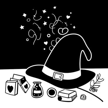 A witch's hat resting on a wooden surface, with tiny, swirling spells depicted as wispy tendrils of magic escaping from the brim. The spells are illustrated as playful shapes, like stars, hearts, and spirals, floating into the air. Surrounding the hat, various small objects are in disarray, such as scattered potion bottles, a few overturned books, and a miniature broomstick. The background contains a dark, textured surface, enhancing the scene's chaotic ambiance.