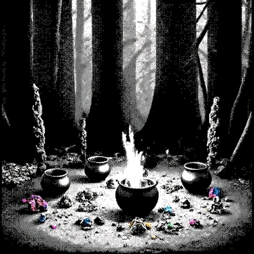 A secluded witches' grove is surrounded by tall, dark trees with thick trunks and sprawling roots. In the center, there are several cauldrons bubbling over a flickering fire, casting playful shadows on the ground. Various spell ingredients, such as dried herbs, colorful crystals, and strange plants, are scattered about on a mossy surface. The ground is uneven, covered with fallen leaves and twigs, while the air seems thick with mystery and magic. Small, intricately carved wooden totems stand among the foliage, adding to the enchanting atmosphere.