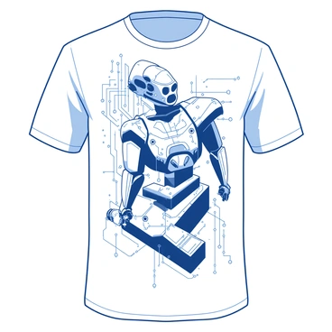 A white t-shirt displays an intricate design featuring abstract robotic elements intertwined with complex circuit patterns. The robotic elements are illustrated in various shapes and sizes, showcasing detailed mechanical features such as gears and joints. The circuit patterns are woven throughout the design, utilizing lines and dots that connect and branch out in a symmetrical fashion. The overall composition combines these elements in a harmonious layout, creating a visually striking and modern aesthetic.