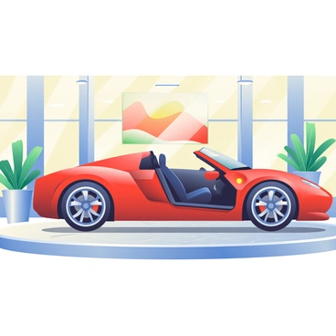 An opulent showroom with polished marble floors and tall glass windows is illuminated by warm, ambient lighting. At the center, there is a strikingly luxurious sports car with a shiny crimson exterior. Its sleek curves and aerodynamic design reflect the showroom lights, creating glimmers on its surface. The car has intricate details, such as a black leather interior visible through the open doors and stylish alloy wheels. Surrounding the car, there are elegant display pedestals featuring automotive accessories, and lush green plants placed in corners adding to the sophisticated atmosphere. The backdrop showcases a contemporary art piece that further enhances the luxurious feel of the space.