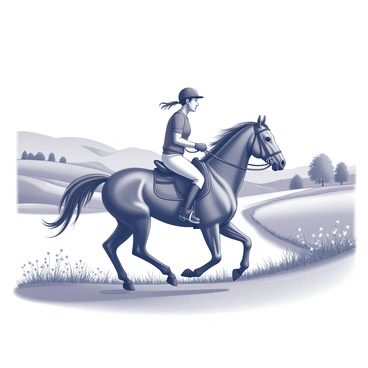 A rider on a horse is galloping along a countryside trail. The horse has a strong build, with its mane flowing in the wind. The rider is wearing a fitted riding outfit, complete with a helmet and boots. In the background, rolling hills stretch into the distance, dotted with trees and patches of grass. A clear sky overhead creates a sense of openness, while the motion of the galloping horse conveys energy and determination. The trail is marked by a winding path, surrounded by wildflowers and tufts of tall grass.