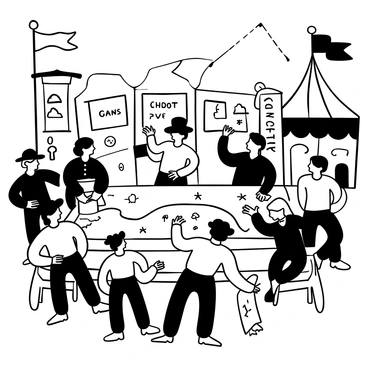 A diverse group of individuals dressed in historical attire, representing different states, gathered at a fair. They are engaged in animated discussions around a large, wooden table that displays maps and documents related to the Missouri Compromise. Flags from various states are positioned prominently around the scene. Some individuals are holding scrolls while others point to specific areas on the maps. The atmosphere is lively, filled with gestures and expressions of debate, while tents and booths are visible in the background, suggesting a vibrant fair setting.