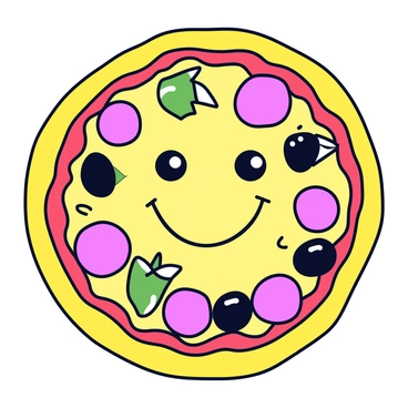 A round pizza with a golden crust and bright red tomato sauce. The pizza is topped with exaggerated slices of pepperoni that are oversized and have a glossy sheen. There are also cartoonish green bell peppers and black olives that look playful. In the center, the pizza has a large, cheerful smiling face made with cheese and sauce forming the eyes and mouth. The pizza is set against a simple, light-colored background.
