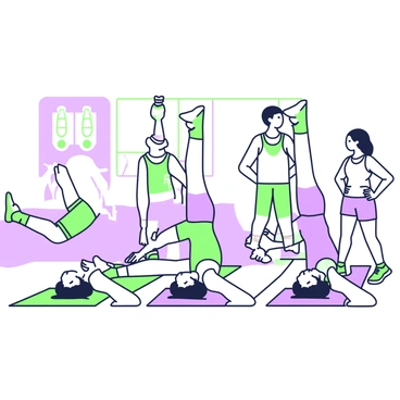 A group of five participants is performing the dead bug exercise in unison on exercise mats. Each participant is on their back with arms extended towards the ceiling and legs raised at a 90-degree angle. They are dressed in workout attire, such as tank tops and shorts, varying in design and color. The participants are focused and maintaining proper form, with a sense of determination visible on their faces. In the background, a trainer is observing and encouraging them, standing with hands on hips. The setting is a gym with exercise equipment such as weights and resistance bands visible along the walls.
