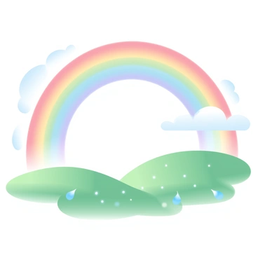 A bright rainbow with vibrant colors is arching across a clear sky. The rainbow touches the horizon, creating a stunning effect after a rainstorm. Below the rainbow, the landscape features glistening droplets of water on green grass, reflecting the colors above. The background includes soft clouds slowly dissipating, adding to the freshness of the scene.