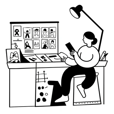 An illustrator with a sketchbook open sits at a table, surrounded by various sketches and notes. The scene includes multiple frames of animated characters displayed on a screen in front of the illustrator. The illustrator has a pencil in one hand and a ruler in the other, focusing intently on the character movements depicted in the frames. On the table, there are scattered art supplies such as pencils, erasers, and color swatches. A lamp casts a pool of light over the workspace, highlighting the detailed illustrations and the concentration of the illustrator.