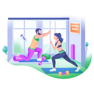 A modern pastel illustration of a couple in fitness attire performing reverse lunges in sync at a gym. The couple consists of a man and a woman, both focused and determined. They are positioned in the center of the image, with their knees bent and arms positioned for balance. Surrounding them are gym equipment, including dumbbells, a yoga mat, and a water bottle. The gym features large windows that allow natural light to flood the space, enhancing the atmosphere of teamwork and fitness. The walls are adorned with motivational posters.