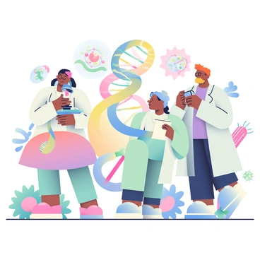 A team of three scientists is engaged in an expedition within a microscopic world. One scientist, a woman with short dark hair wearing a white lab coat, is peering through a microscope, observing a vibrant, twisting strand of DNA. The second scientist, a man with glasses and curly hair, is jotting down notes on a clipboard while standing next to a large glowing DNA polymerase model. The third scientist, a man with a beard, is adjusting a small digital camera to capture images of their findings. The environment is filled with colorful, oversized microorganisms and intricate cellular structures, creating a fascinating backdrop for their research activities.
