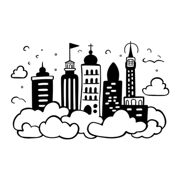 A cityscape featuring various buildings of unique shapes and designs elevated on fluffy clouds. The clouds are soft and billowy, creating a whimsical atmosphere. The skyline includes tall skyscrapers, domed structures, and intricate towers. Some buildings have balconies and terraces that extend out over the edges of the clouds, while others have decorative elements like spires or archways. The scene captures a feeling of elevation and lightness, with air currents gently moving around the clouds and structures.