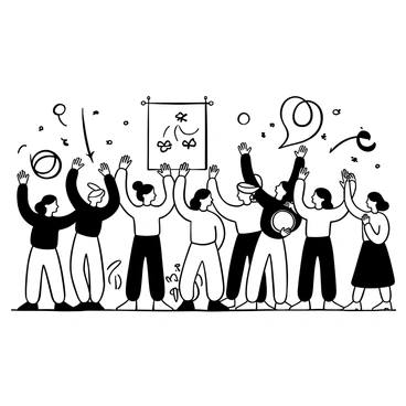 A group of people standing together, raising their hands in the air, with some clapping and others holding musical instruments. There are individuals wearing simple, flowing garments. The setting includes a large open space with a few large banners depicting various symbols. In the background, abstract shapes suggesting movement and energy radiate outward from the center of the congregation.