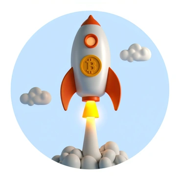 A sleek silver rocket ship with a streamlined design is taking off, leaving behind a trail of smoke and fire. The rocket is adorned with a prominent "bitcoin" symbol displayed on its side in bold orange and yellow hues. The background shows a clear blue sky with a few scattered clouds, enhancing the sense of upward motion. The rocket's engines are ignited, illuminating the surroundings with a bright glow.