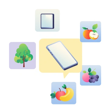 A collage of small illustrations showcases various categories. In one section, there is a vibrant green tree with detailed leaves representing "nature." Nearby, a sleek, silver smartphone with a glowing screen illustrates "technology." In another area, an assortment of colorful fruits, including apples, bananas, and grapes, captures the essence of "food." These small illustrations are arranged in a harmonious layout, each element distinct yet contributing to the overall theme of diversity.