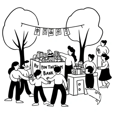A group of children gathered around a large, brightly decorated donation box labeled "Food Bank Donations." They are actively placing various canned goods into the box. Some children are holding cans in their hands, while others are reaching into the box to add more items. Nearby, a banner reads "Community Event" suspended between two trees. A table is set up with additional canned goods and informational flyers about the food bank. There are parents in the background watching and assisting the children. The overall atmosphere is filled with excitement and teamwork.
